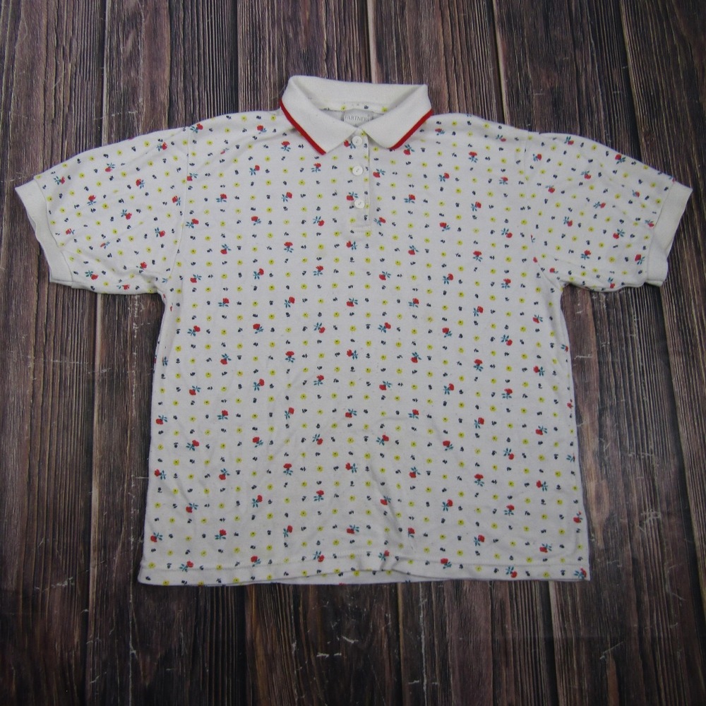 Partners Womens L White Floral Polo Short Sleeve Collared Button Casual Granny